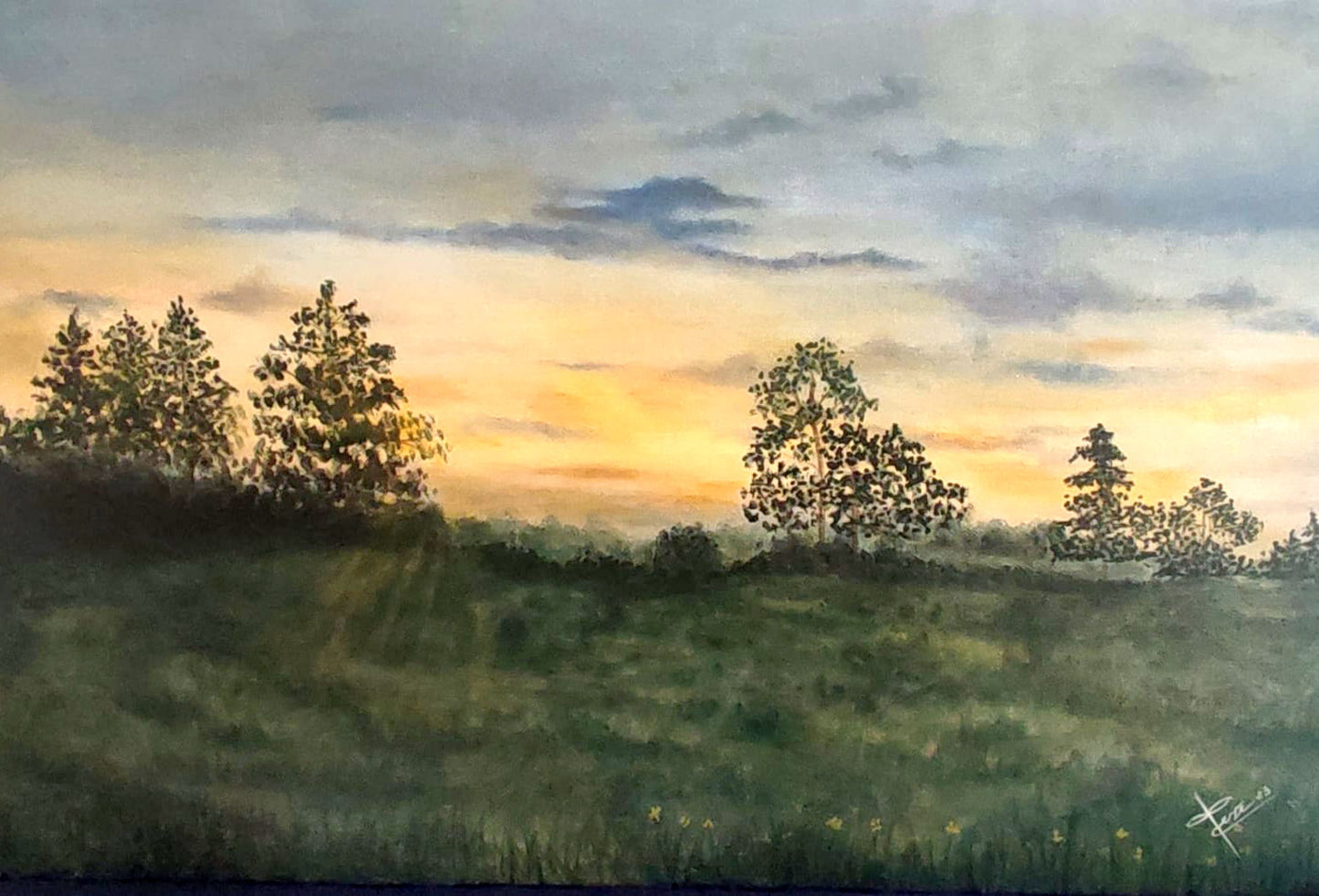 ”Paisaje al Amanecer“ acuarela sobre papel por Tere Hernández, enmarcado