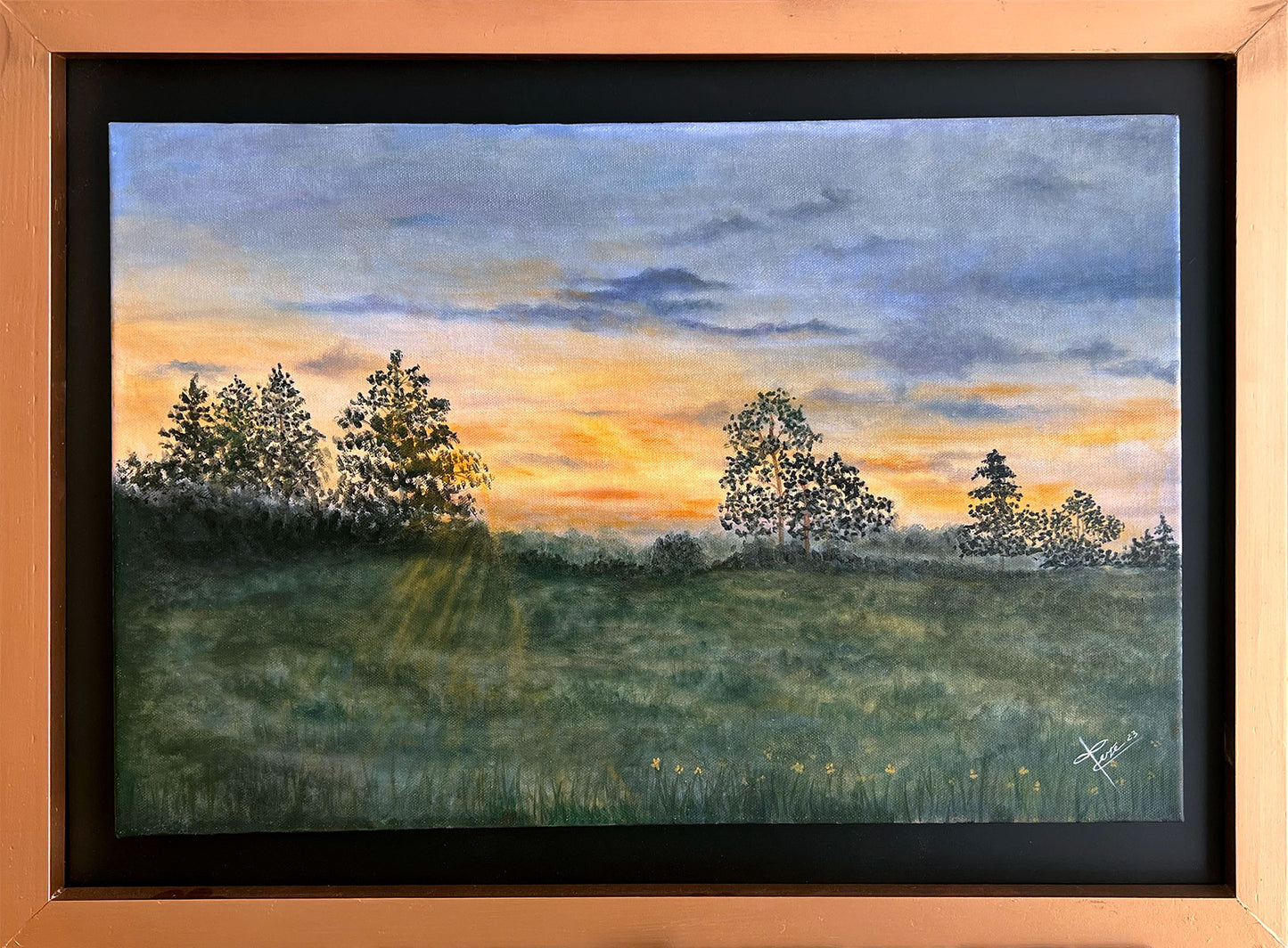 ”Paisaje al Amanecer“ acuarela sobre papel por Tere Hernández, enmarcado