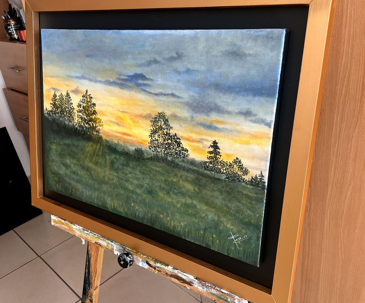 ”Paisaje al Amanecer“ acuarela sobre papel por Tere Hernández, enmarcado