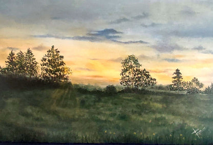 ”Paisaje al Amanecer“ acuarela sobre papel por Tere Hernández, enmarcado
