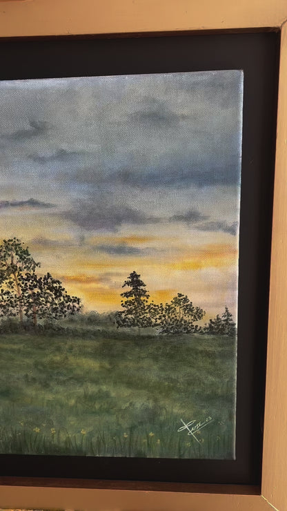 ”Paisaje al Amanecer“ acuarela sobre papel por Tere Hernández, enmarcado